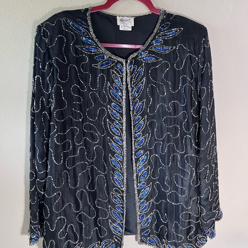 Silk Gunit Jeweled Silk Loose jacket Black Glitter lined maxi skirt